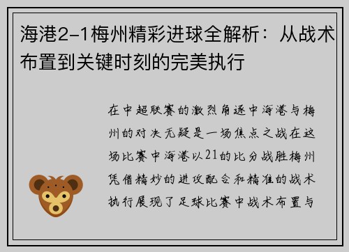 海港2-1梅州精彩进球全解析：从战术布置到关键时刻的完美执行