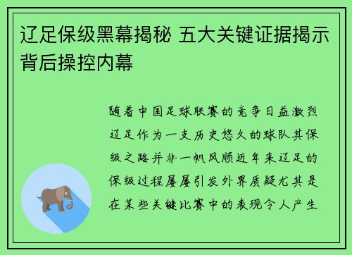 辽足保级黑幕揭秘 五大关键证据揭示背后操控内幕