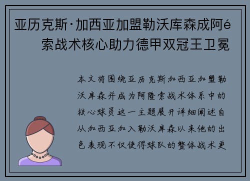 亚历克斯·加西亚加盟勒沃库森成阿隆索战术核心助力德甲双冠王卫冕 亚历克斯·加西亚加盟勒沃库森成阿隆索战术核心助力德甲双冠王卫冕